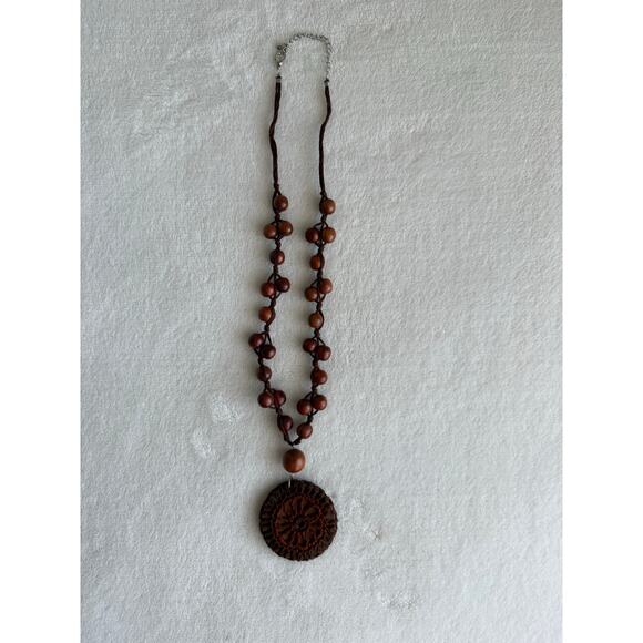 Boho Handmade Wood Bead Necklace Macrame Pendant Tribal Ethnic Natural‎ - Picture 2 of 10